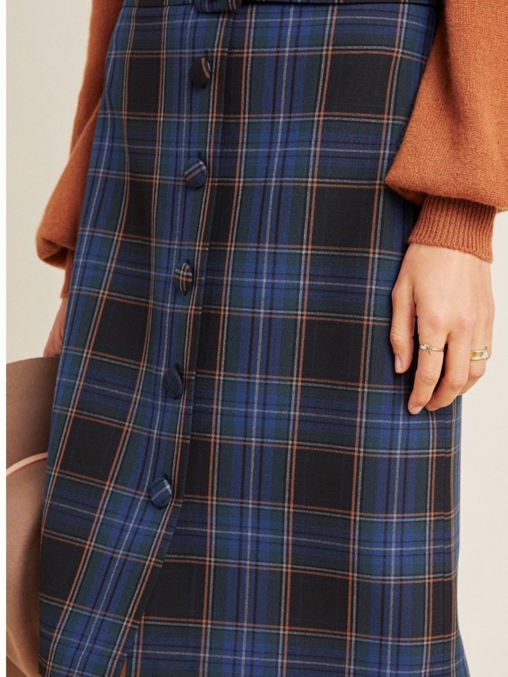 Maeve Navy and Tan Plaid Belted Pencil Skirt